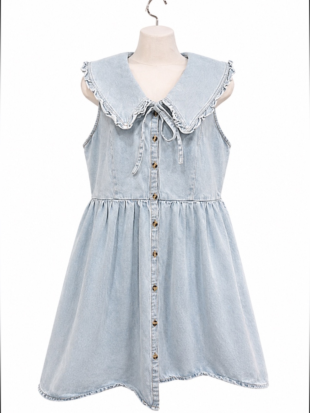 Forever 21 Light Blue Denim Button-Front Dress with Ruffle Collar Large